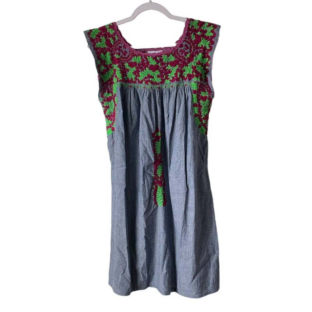 Mi Golondrina Embroidered Mini Dress in Chambray Blue, size S